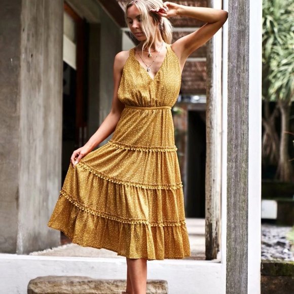 TWO SISTERS Mustard Polka Dot Midi Summer Dress - Picture 1 of 8
